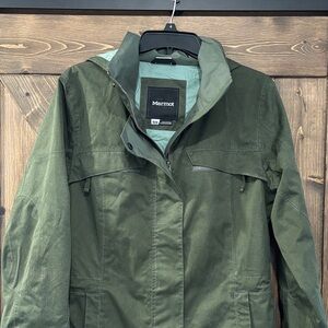 Marmot Olive Green Hooded Rain Jacket Women’s Medium outdoor lightweight